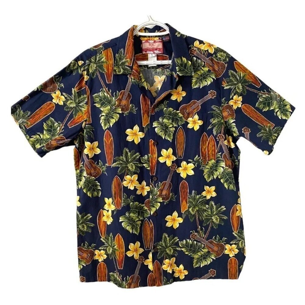 Vintage Hawaiian Short Sleeve Shirt Style 102C Navy Floral Surfer RJC